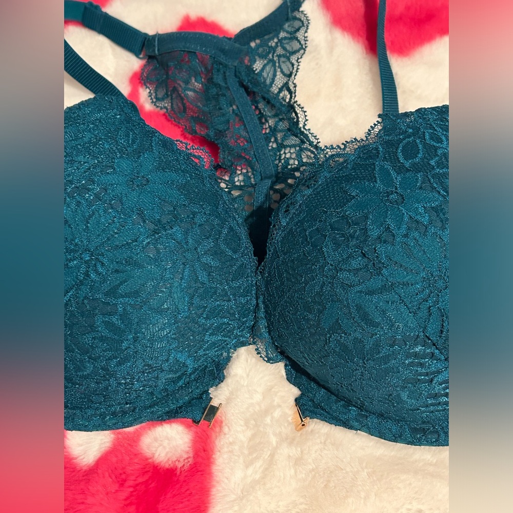 Teal floral print front clasp racer back push up bra